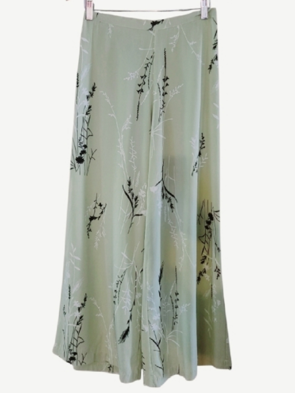 Bryn Walker Floral Wide Leg Pant Light Green Blk Wht Palazzo Ankle 100% Tencel
